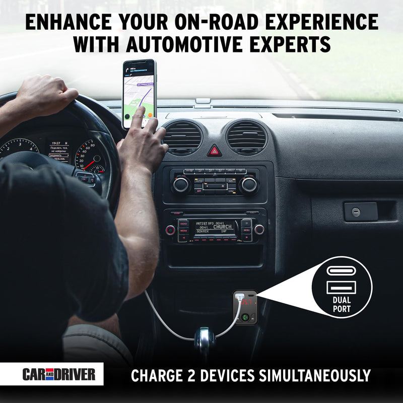 Car and Driver Bluetooth 5.3 FM Transmitter Charger, Dual USB Car Adapter with Fast 4.8 A Charging, Wireless Bluetooth Transmitter, Hands-Free Calling, Built-in Mic, LED Display, Micro-SD Card Slot