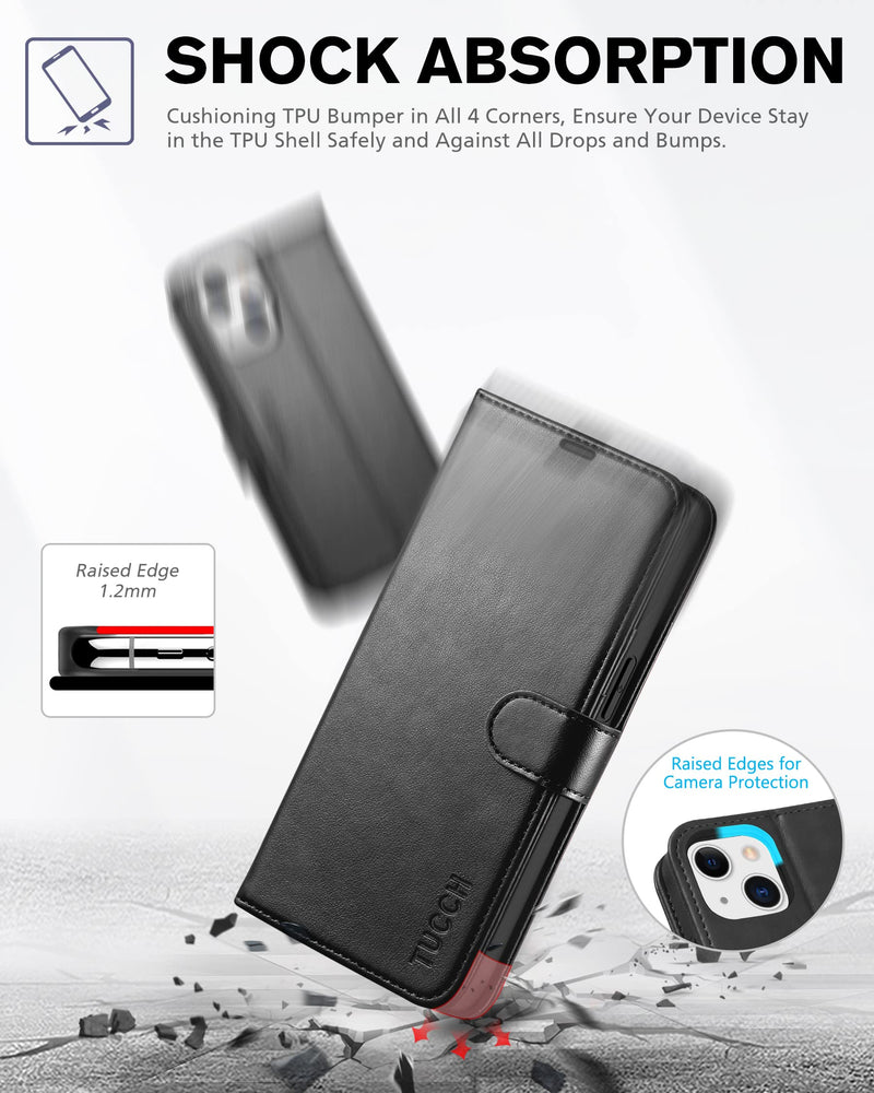 TUCCH Case for iPhone 13 Wallet Case, PU Leather Flip Folio Case with [Shockproof TPU Inner Shell], RFID Blocking Card Holder Kickstand Phone Cover Compatible with iPhone 13 6.1-inch 2021, Black