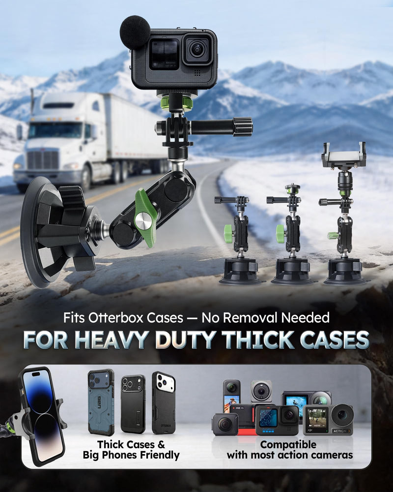 Semi Truck Phone Mount for Drivers, 360° Anti-Shake, Camera Ready | Class 8 Cab Phone and Camera Suction Mount, Ultra-durable Metal, for Kenworth, Peterbilt, Freightliner sprot