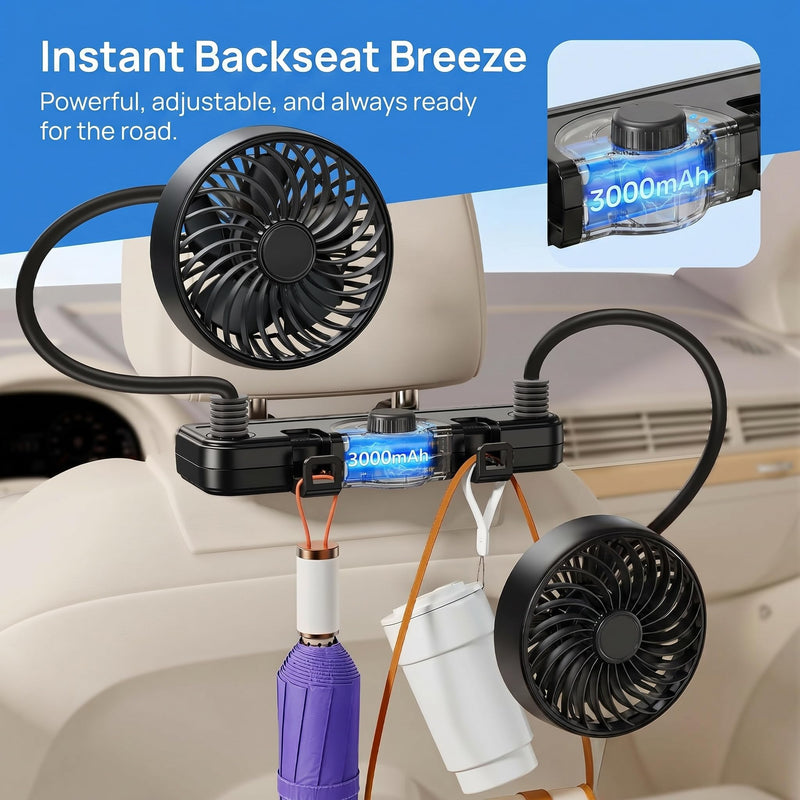 3000mAh Rechargeable Car Seat Fan, Dual Head 360° Flexible Headrest Fan for Car Backseat, Quiet USB Vehicle Cooling Fan with Storage Hooks for Rear Facing, Pets, SUV