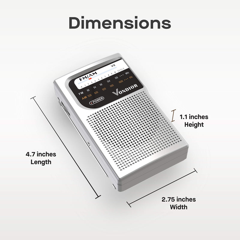 AM FM Battery Operated Portable Pocket Radio - Best Reception and Longest Lasting. AM FM Compact Transistor Radios Player Operated by 2 AA Battery, Mono Headphone Socket, by Vondior (Silver) Silver