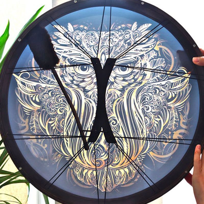 Owl Shaman Drum, 10 Inch Owl Pattern Handmade Shaman Drum With Drum Stick, Instrumental Shaman Alchemy Moon Drum, Sound Healer Shaman Drum For Spiritual Music, Reflection Meditation (#1)