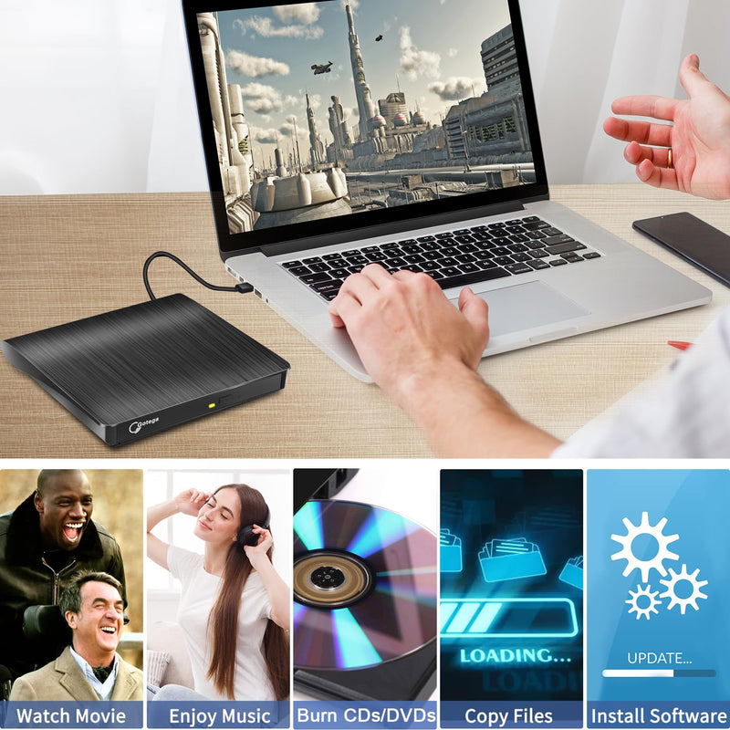 Gotega External DVD Drive, USB 3.0 Portable +/-RW, DVD Player for CD ROM Burner Compatible with Laptop Desktop PC Windows Linux OS Apple Mac Black Small