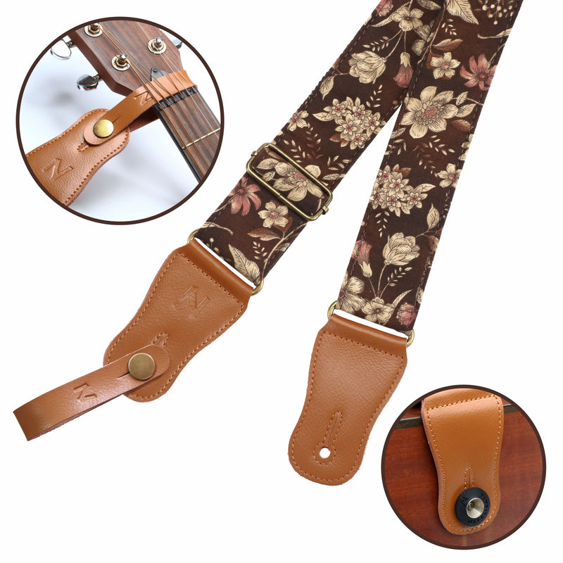 Nefelibata Cotton Guitar Strap for Acoustic Guitar, Ukulele, Headstock Strap Adapter, Guitar Picks and Strap Locks Adjustable from 38" to 64" E# - Pomegranate Flower