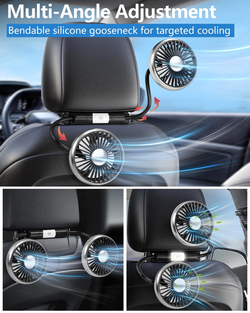 Dealswin Car Fans for Backseat Kids: USB Lightweight Dual Head Car Fan for Back Seat Baby Pets, 3 Speeds 360° Rotatable Fan for Car Powerful Car Cooling Fan Vehicle Headrest Fan for Sedan SUV RV Truck Black
