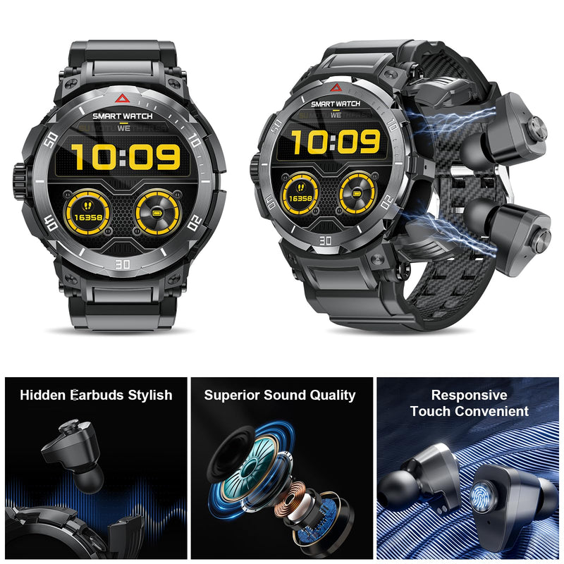Smart Watch with Earbuds for Men, 1.53" HD Screen Military Watch, Answer/Make Calls, Sports Fitness Trackers with Heart Rate, Blood Oxygen, Sleep Monitor, for Men Dad Husband 98black