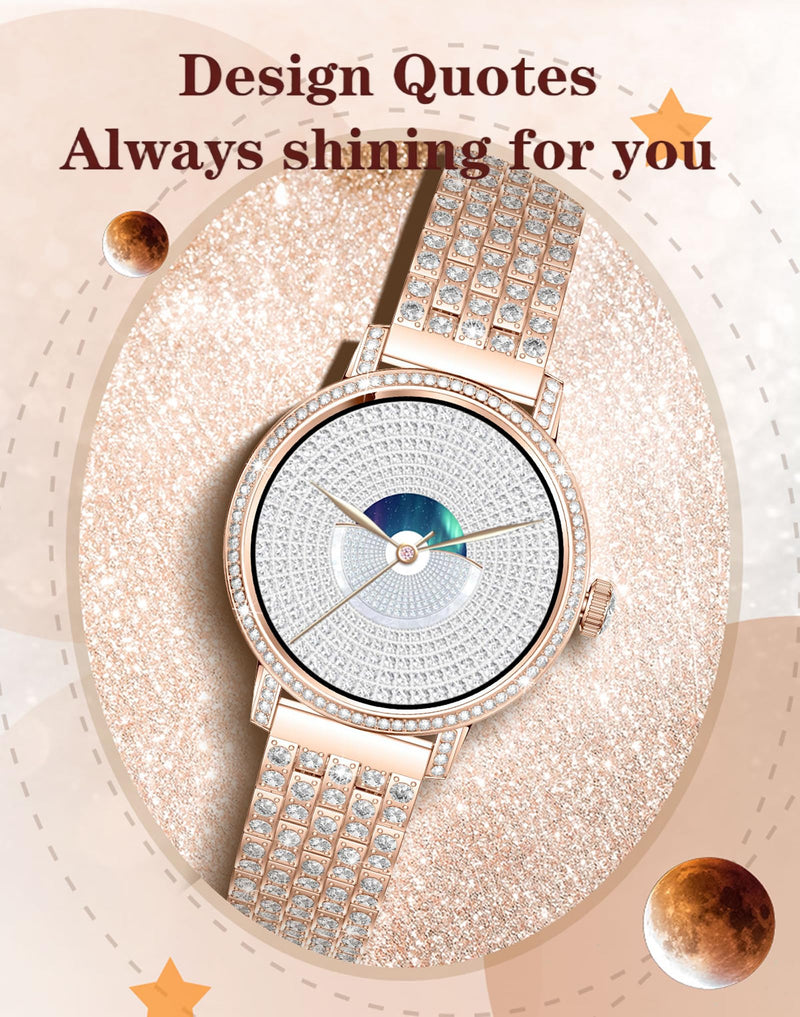 Diamond Smart Watch for Women Bluetooth Call 24/7 Blood Pressure Monitor Heart Rate&Sleep Tracker Fitness Activity Tracker Message Notifications Elegant Rhinestone Dress Smartwatch for IOS & Android Silver-Steel band