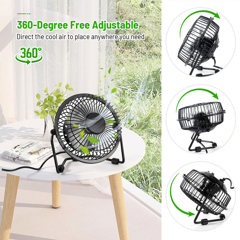 Small Desk Fan, 4 Inch USB Fan Powered by USB, 360° Rotation - Small Fans for Bedroom, Office, Table - Ultra-quiet Personal Cooling Fan with Metal Construction Black