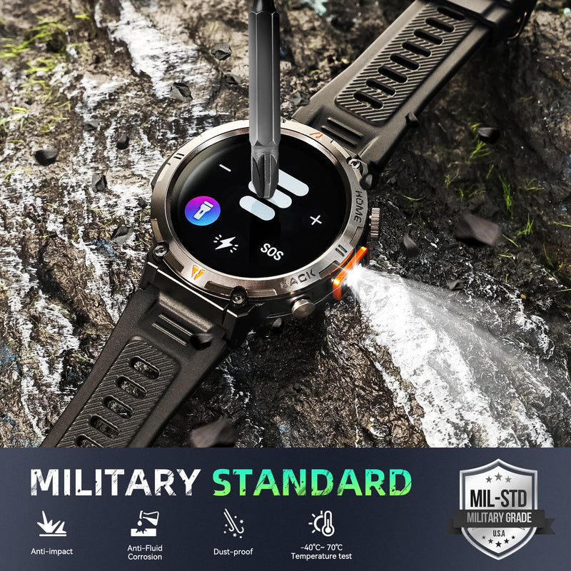 Military Smart Watches for Men Built-in GPS 3ATM Waterproof LED Flashlight | 1.45" Rugged Tactical Smartwatch with Compass/110+ Sports Modes Fitness Tracker with HR/SPO2/Sleep Monitor for iPhone Android Black orange