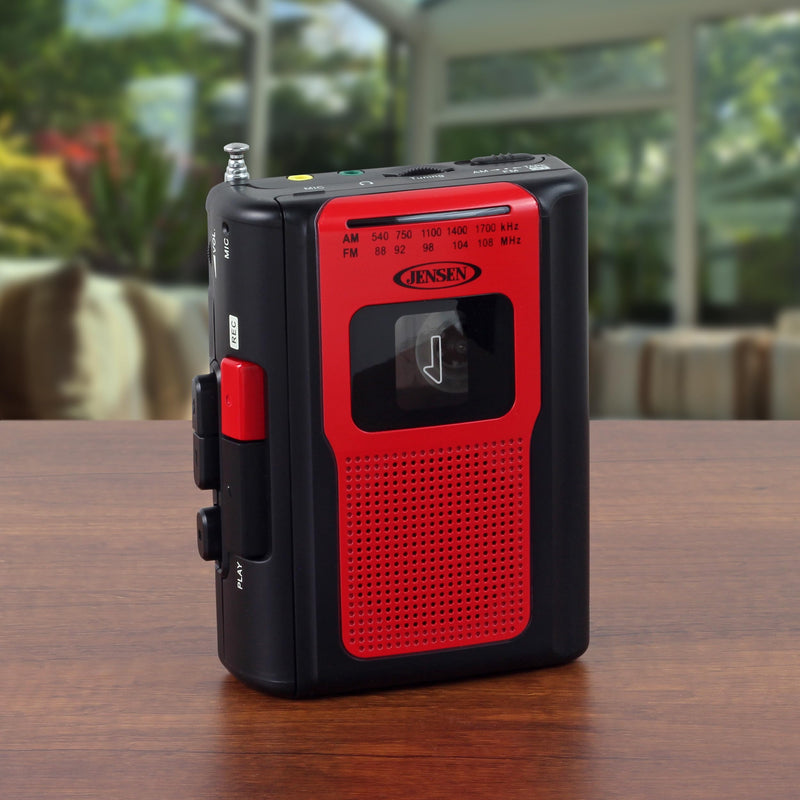 Jensen Retro Portable AM/FM Radio Personal Cassette Player Compact Lightweight Design Stereo AM/FM Radio Cassette Player/Recorder & Built in Speaker (Red) Red