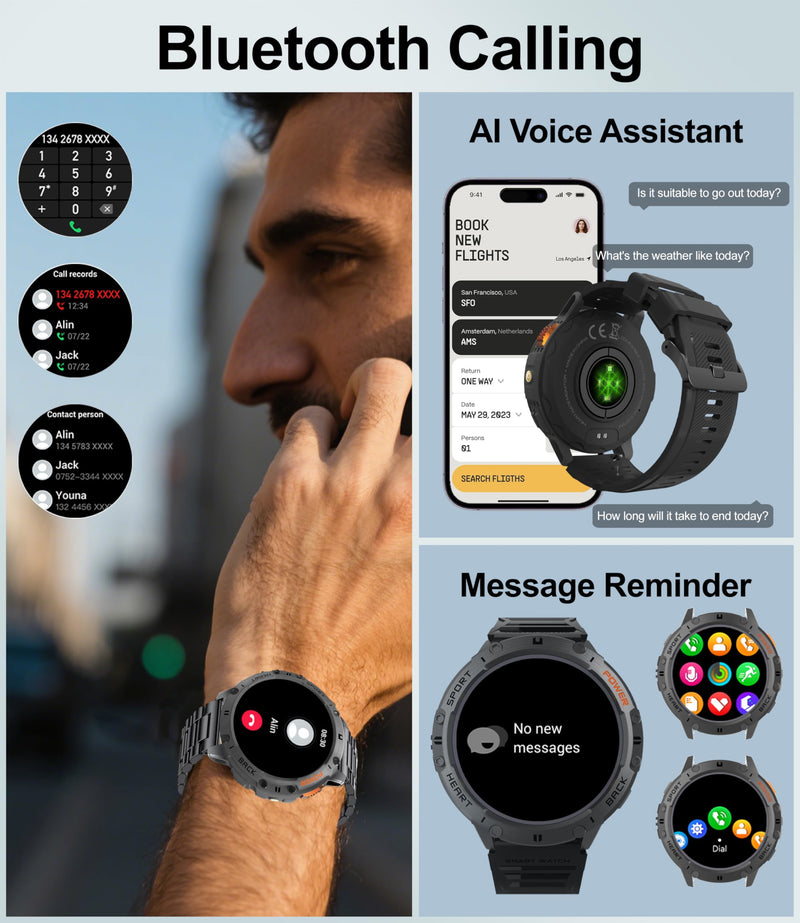 Smart Watches for Men with Flashlight(Answer/Make Calls),1,43" AMOLED Military Rugged Tactical Smartwatch,5ATM Waterproof/Heart Rate Monitor/Fitness Tracker for iOS Android,3-Bead Large 3-Bead