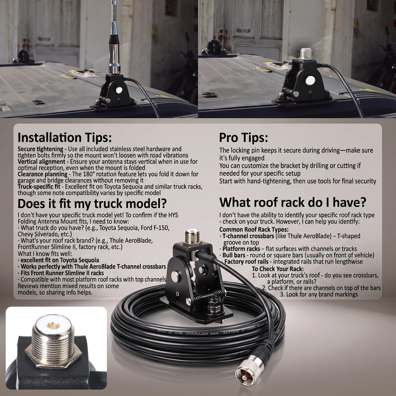 HYS 180° Rotation FoldAntenna Mount for Roof Racks, SO239 to PL-259 Cable | Rotatable bracket for easy garage clearance. Fits T-channel, platform, and bull bar roof racks. Includes 16.4ft coax cable.