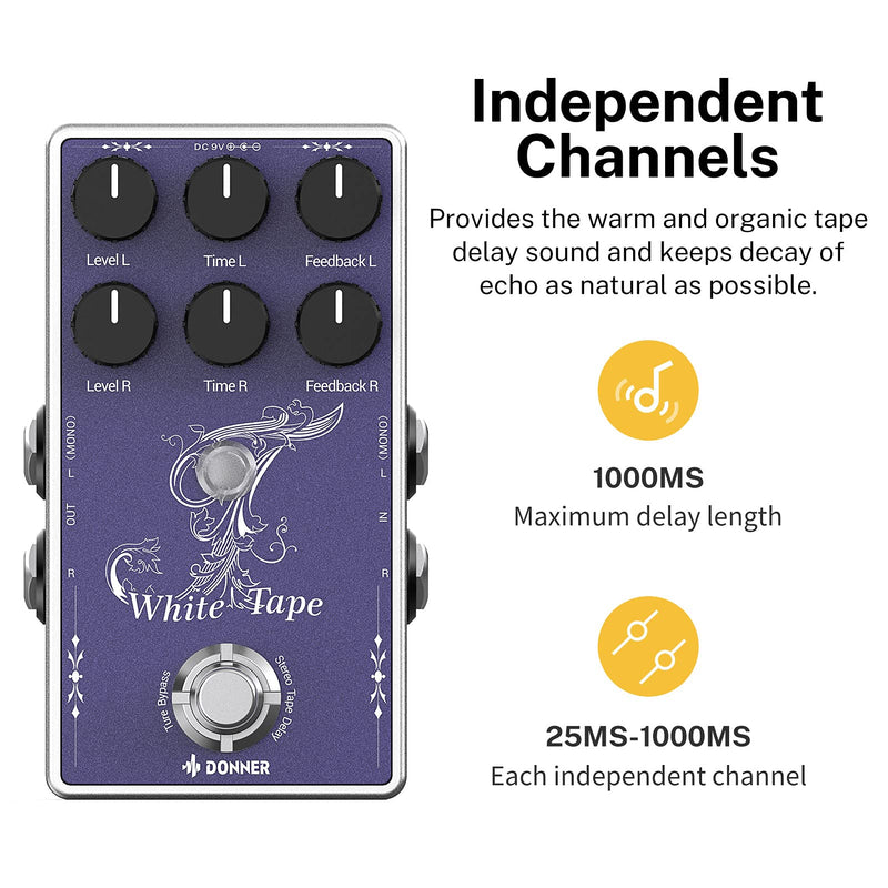 Donner White Tape Stereo Delay Pedal, Analog Delay with Echo Effect, True Bypass, 2 Independent Channels for Electric Guitar, Bass, Synth, Drum Machine Tape Delay