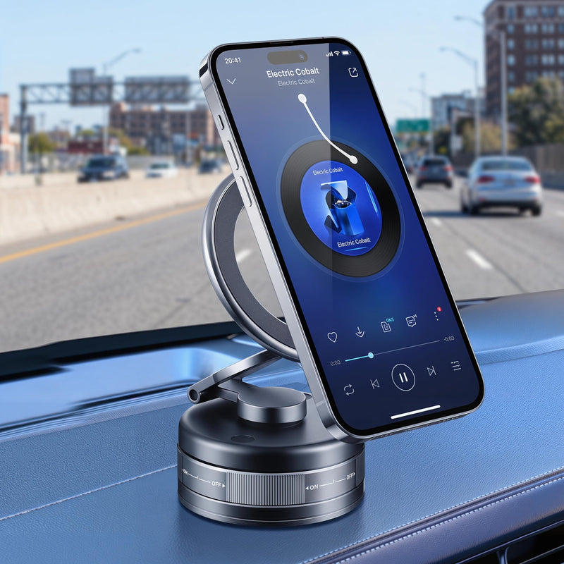 Magnetic Car Phone Holder, 25kg Vacuum Suction Foldable Alloy Dash Mount | 25kg magnetic car phone holder with vacuum suction, foldable alloy stand, multi-angle dash mount for trucks.