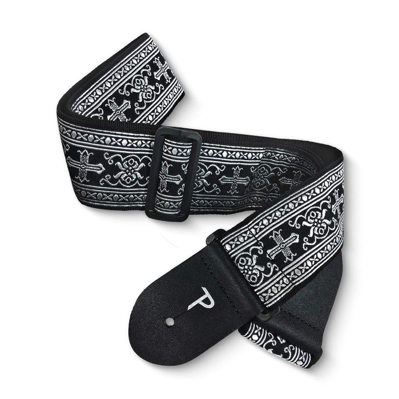 [AUSTRALIA] - Perri’s Leathers Jacquard Guitar Straps - Adjustable Length 39" to 58", Genuine Leather Ends, Silver Cross Design, Electric, Bass, Acoustic Guitar Strap - Metallic Silver 