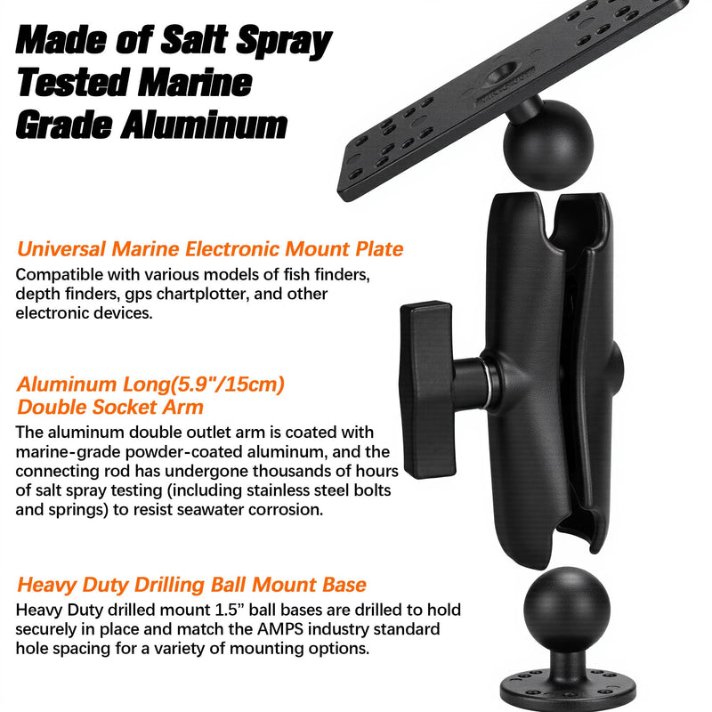 Aluminum Fish Finder Mount with 1.5"/C Size Ball, 5.9" Arm Marine Electronics/Depth Finder Mount. High Salt Water Resistant, Compatible with Garmin, Lowrance, Humminbird,and More Medium Arm