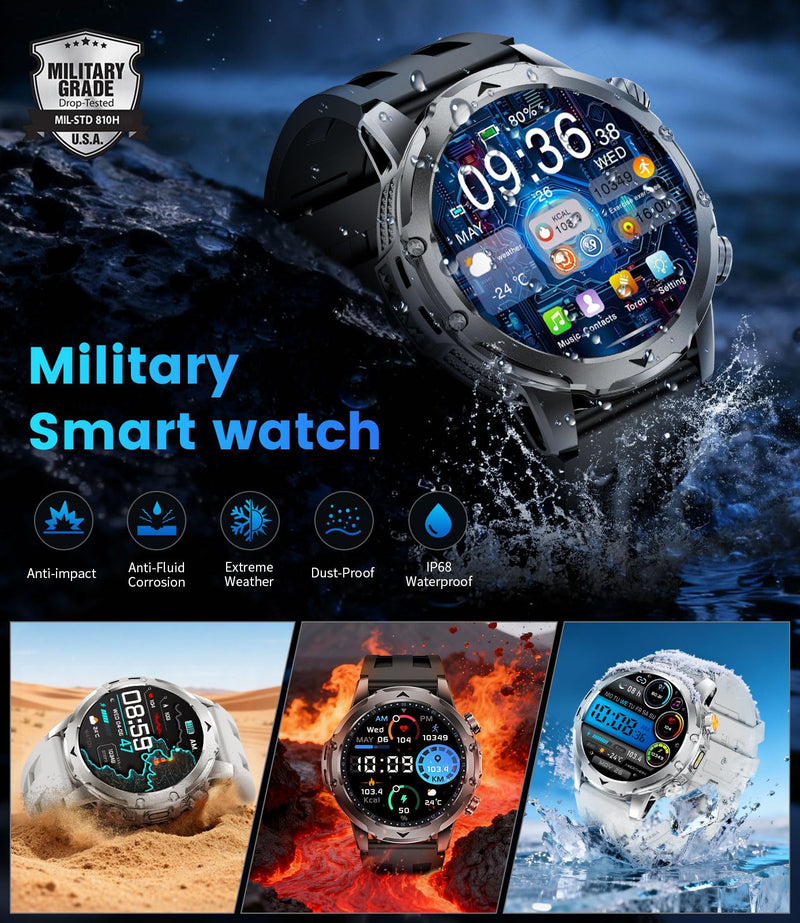 1.53'' Smart Watches for Men with 1000mAh Battery/Flashlight, Military Smart Watch with 120+ Sports Modes, Heart Rate/Sleep Monitor/IP68 Waterproof, Fitness Tracker for Android iOS, Jet Black