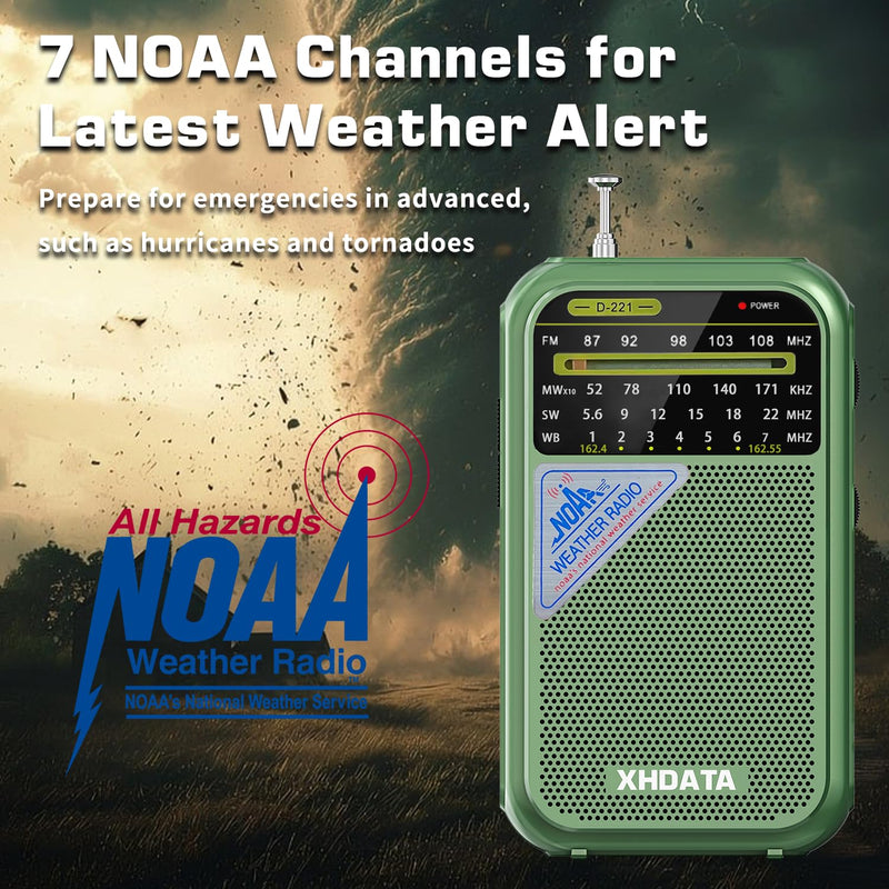 [AUSTRALIA] - XHDATA D221 NOAA Weather Radio Portable AM FM Shortwave Radio Receiver, 2 AA Battery Operated, Transistor Radio with Excellent Reception for Gift, Family, Elder (Green) Green 