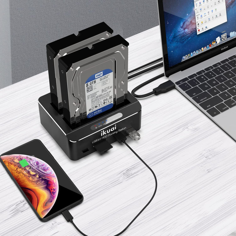 SATA to USB 3.0 Dual Bay Hard Drive Dock for 2.5"/3.5" SATA HDD SSD with Micro SD Card Reader 2 USB 3.0 Port, Offline Clone Function External Hard Drive Docking Station, 2X20TB and UASP Support RSH-DS02