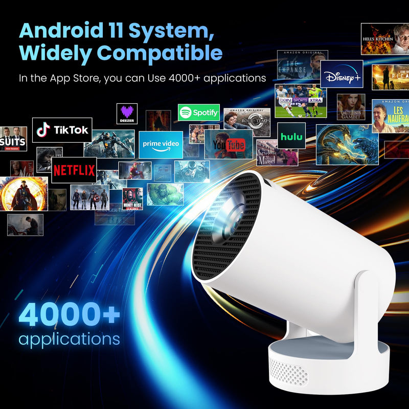 [AUSTRALIA] - Mini Projector with WiFi and Bluetooth, 4K 1080P Support Portable Projector with Speaker, 110'' Big Screen Projection, Auto Keystone, 180° Rotatable Smart Projector for Phone/TV Stick/Laptop White. 