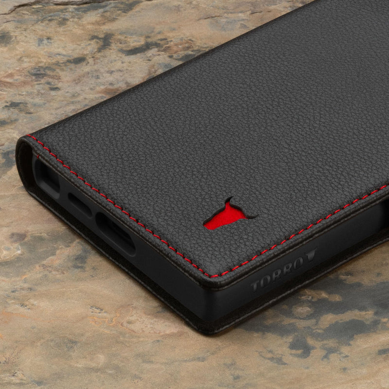 TORRO Case Compatible with Samsung Galaxy S24 Ultra 5G – Premium Leather Wallet Case with Kickstand and Card Slots (Black with Red Detail) Black with Red Detail