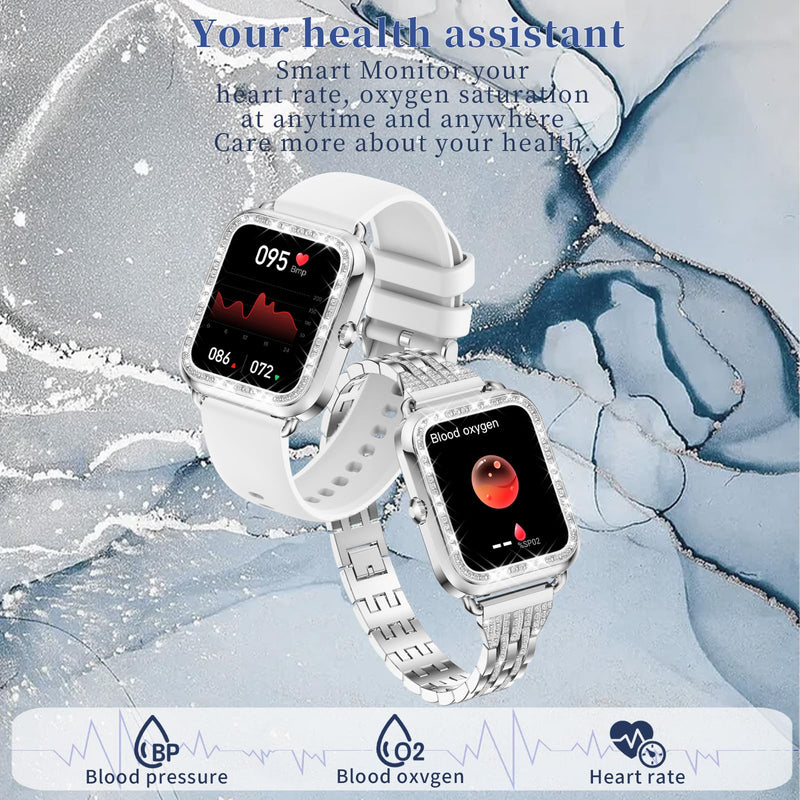Smart Watch for Women Diamonds(Answer/Make Call),1.29''HD Touch Screen Smart Watch Android,Fitness Tracker with Heart Rate/Blood Oxygen/Sleep Monitor,Waterproof Smartwatch 3 Strap (Diamond Silver)