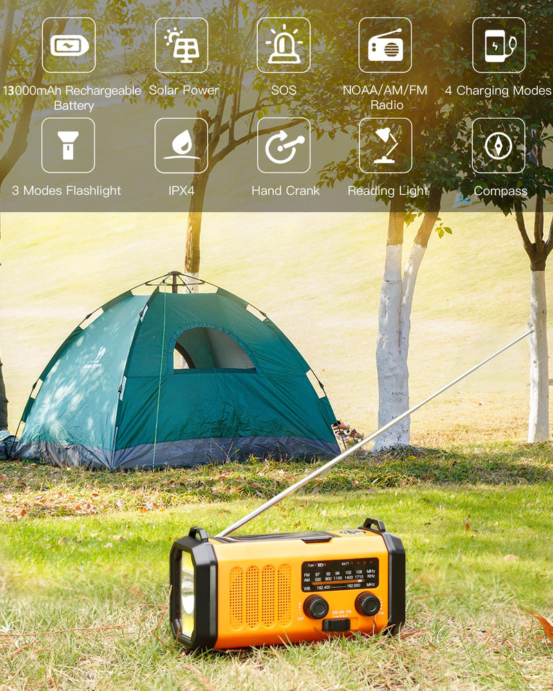 48100mWh/13000mAh Emergency Weather Radio, 4 Way Powered AM/FM/NOAA Portable Solar Crank Radio, Dynamo Phone Charger,700LM LED Flashlight/Reading Lamp,SOS,Compass for Hurricane Storm Camping Survival 13000mAh（Orange)