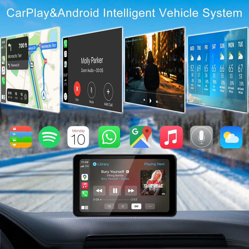 Wireless CarPlay Screen Android Auto for Car, 7" Car Stereo Touch Screen Naivgation Portable CarPlay Bluetooth Mirror Link, Siri, AirPlay, AUX, Voice Assistant for All Vehicles 7 Inch