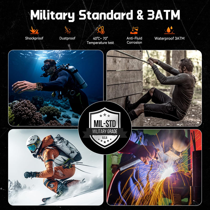 Military Smart Watches for Men (Answer/Make Call) 1.96" HD Big Screen | Rugged Tactical Smartwatch with LED Flashlight/880mAh/3ATM Waterproof/HR/Sleep Monitor, Fitness Tracker for iPhone Android Black