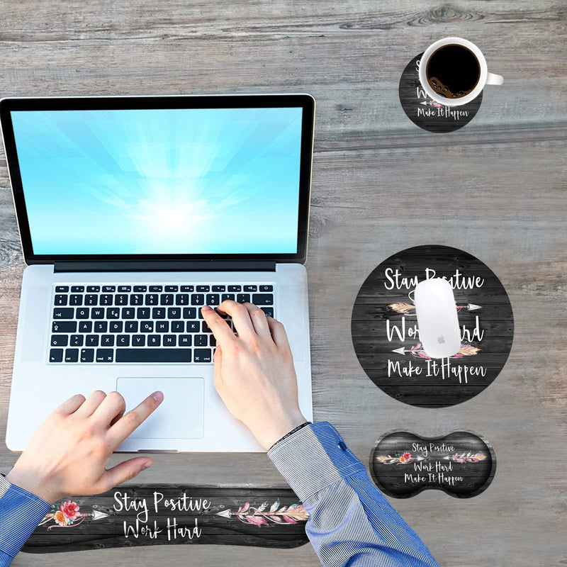 Keyboard Wrist Rest and Mouse Pad Wrist Support Set with Coasters [4Pcs], Stay Positive Work Hard and Make It Happen Inspirational Quotes Wrist Mouse Pad with Non-Slip Rubber Base for Home & Office