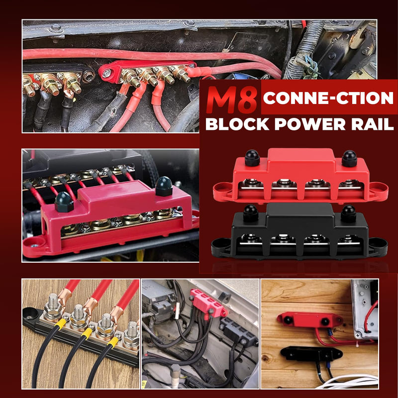Power Distributor Busbar Block, 12V-48V DC, 250A, 4M8 Terminal Bolts, Pack of 2, Black/Red (A-Black and Red) A-Black and Red