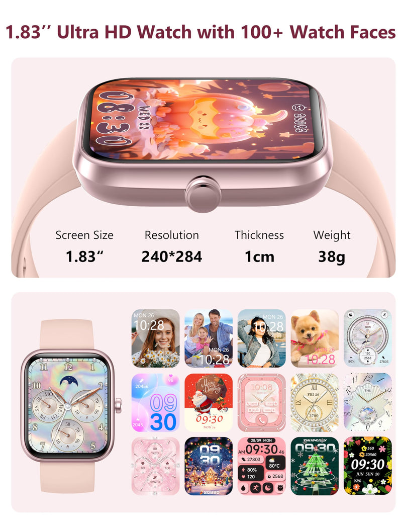 [AUSTRALIA] - Smart Watch, 1.83'' Smartwatch Women Men Answer Make Calls, Alexa Fitness Watch, IP68 Waterproof Fitness Tracker Watch, Heart Rate / Sleep Monitor, 100+ Sports Pedometer Watch for android & iOS Phone Pink 