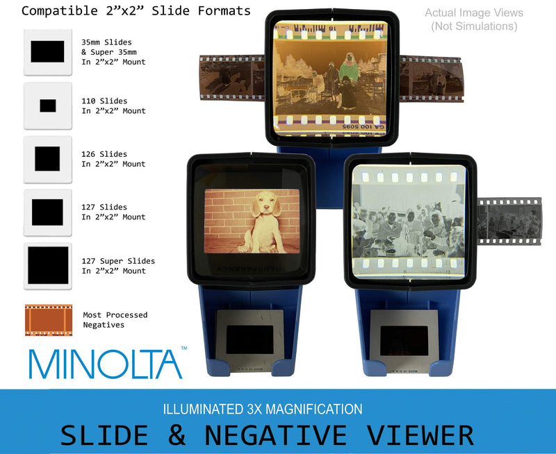 [AUSTRALIA] - MINOLTA 35mm Desk Top Portable LED Slide and Negative Viewer Luminated 3X Magnify – for 2"x2" Slides & Positive Negatives - Worldwide AC Adapter & Plugs, Battery Operation & Cloth 