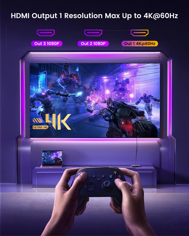 avedio links USB C to 3 HDMI Adapter, HDMI Splitter Extended Display for Triple Monitor with 100W PD Port, Out 1 4K@60Hz, Out 2 and 3 1080p, Display 4 Separate Screens for Windows/Mac OS USB C to 3x HDMI