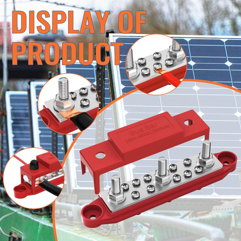 Joinfworld 250A 12V Bus Bar with Power Distribution Block 3 x 5/16" Studs Junction Block + Battery Disconnect Switch 12V-48V