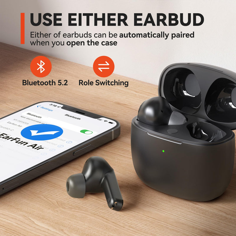 EarFun Air True Wireless Earbuds, Bluetooth Earbuds with 4 Mics Clear Call | IPX7 Waterproof, Game Mode, Deep Bass, Wireless Charging, USB-C Fast Charge, 35H Playtime, Black