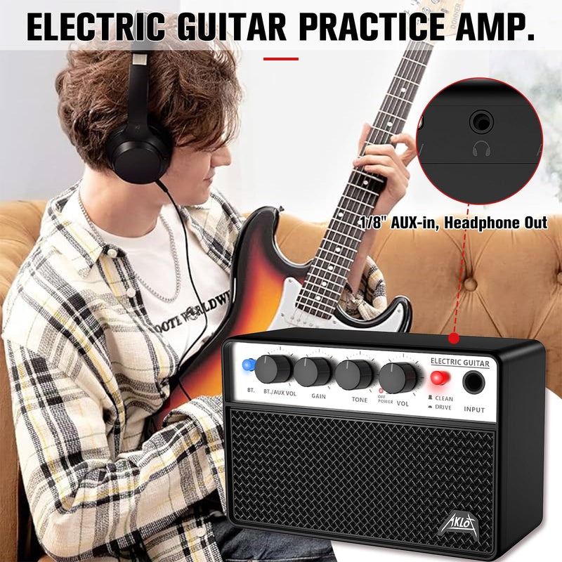 [AUSTRALIA] - AKLOT Mini Bass Amp Small Bass Guitar Amplifier 10W Portable Recharged Electric Bass Amp BT Speaker with Dual Channel & Aux in Jack Black 