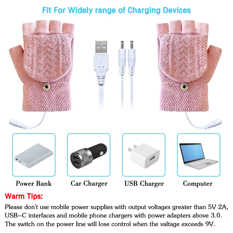 Women's & Men's USB Heated Gloves Mitten Full & Half Fingerless Winter Hands Warmer Laptop Gloves Pure Pink