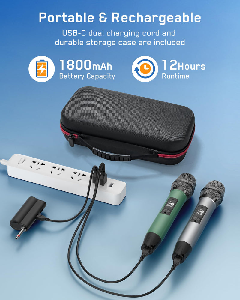 [AUSTRALIA] - Rechargeable Wireless Microphone, Two Metal UHF Microphones with 1/4" Receiver, Plug-and-Play for Karaoke Singsing, Lecture, Stage Performance, PA System (Green - One Mic) Green - One Mic 