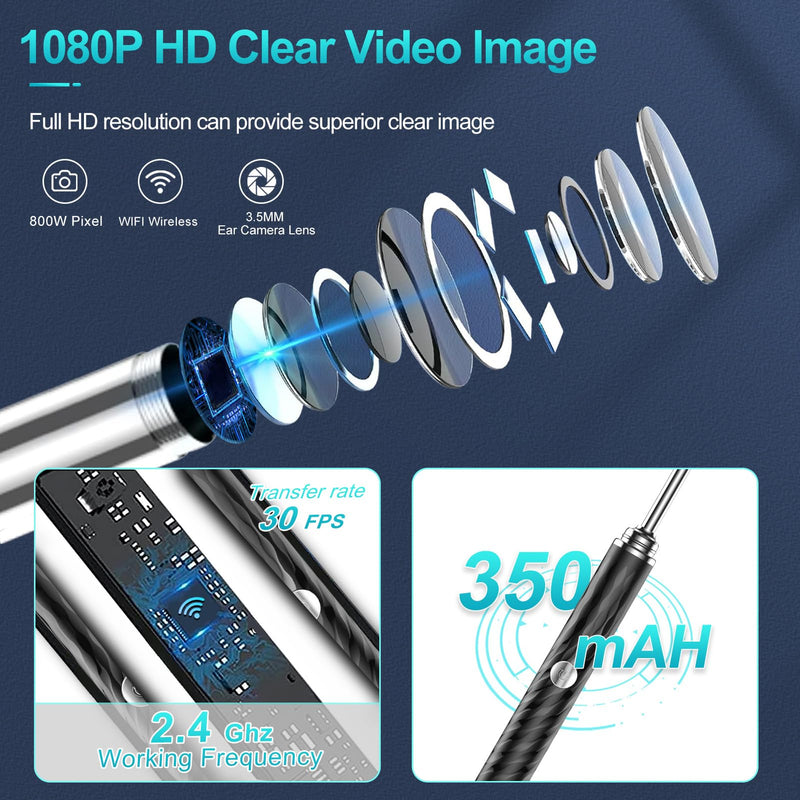 Ear Wax Remover Otoscope, 1080P WiFi Ear Cleaner Camera, IP67 Waterproof Ear Mirror 360° Wide Angle Ear Cleaner Otoscope Ear with 3.5 mm Lens and 6 LEDs for iPhone, iPad and Android, Smartphones