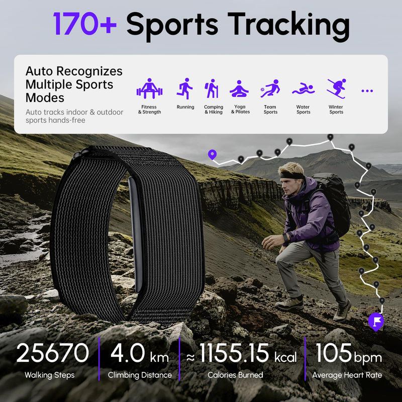 Fitness Smart Bracelet,24/7 Sleep + Health Tracker,170+ Sport Modes | Heart Rate, SpO2, Stress, Step & Calorie Tracker, 30 Days Battery, IP68 Waterproof, Screenless, Smart Wristband, Free App Black