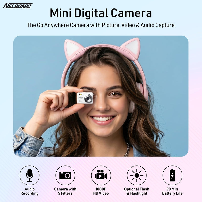 MiniPix 1080P Digital Keychain Camera, 8GB Card, USB-C, White | 0.96-inch color screen, 1MP sensor, photo/video capture, pocket size, clip-on design, rechargeable, travel, gifts, teens, 6+