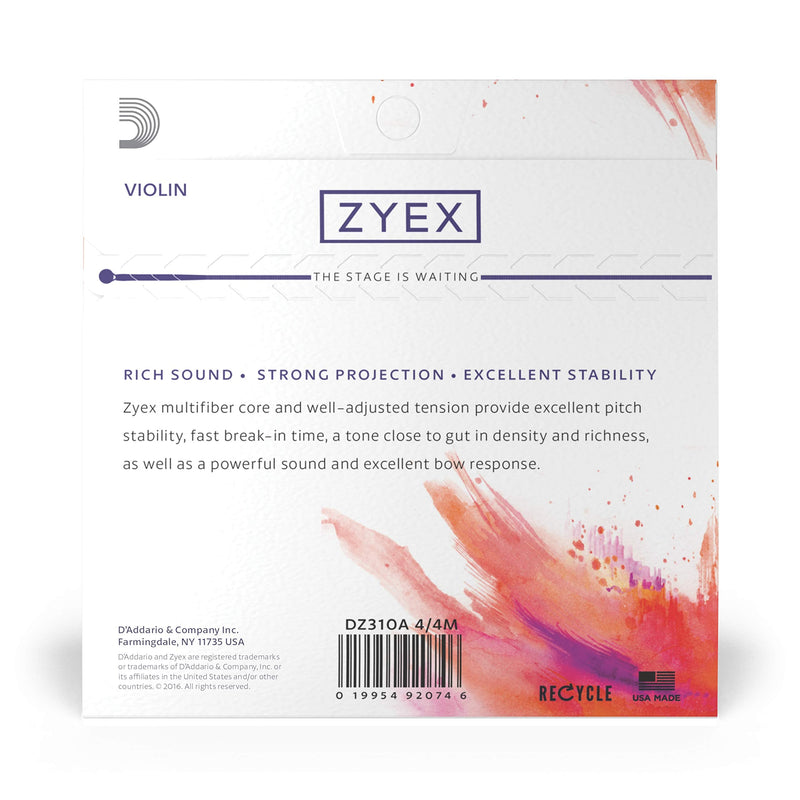 D'Addario Zyex Violin String Set with Aluminum D, 4/4 Scale, Medium Tension Full Set w/ Aluminum D