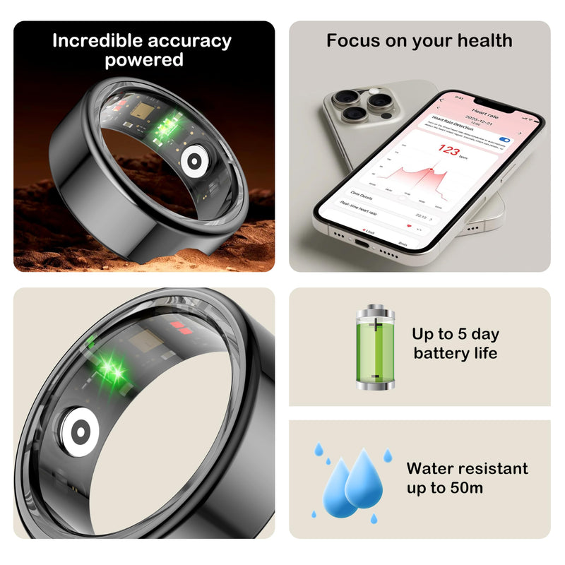 Smart Ring Fitness Tracker Ring for Men Women,Health Sleep Tracker Ring with Heart Rate Monitor/Calories/Blood Oxygen Monitoring IP68 Waterproof,No APP Subscription for iOS/Android(Black,8) 8 Black