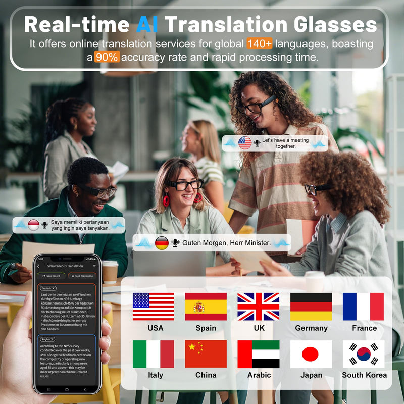 AI Glasses with Camera and Transition Lenses - Support 140+ Languages Translation, 1080P Hands-Free Video Recording Vlogging IP65 Waterproof Smart Glasses with Camera for Men and Women Brown