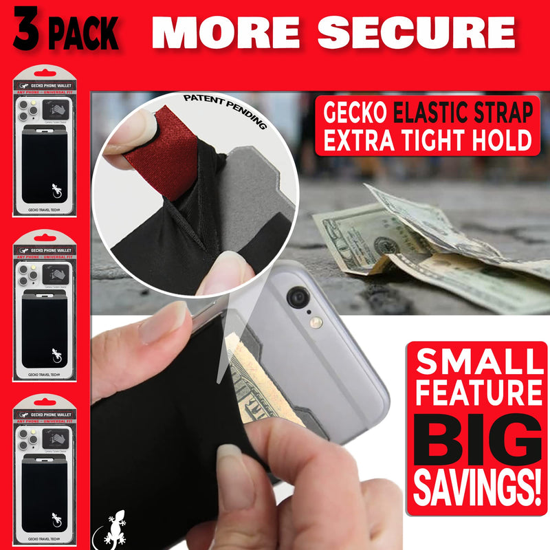 Gecko Travel Tech 3 Pack Phone Wallet Stick on- Phone Card Holder Black - Cellphone Accessories Universal fits Any Cellphone - cardholder Stretchy - Phone Card Holder Wallet (x3 Black/White BLACK WHITE - 3 PACK