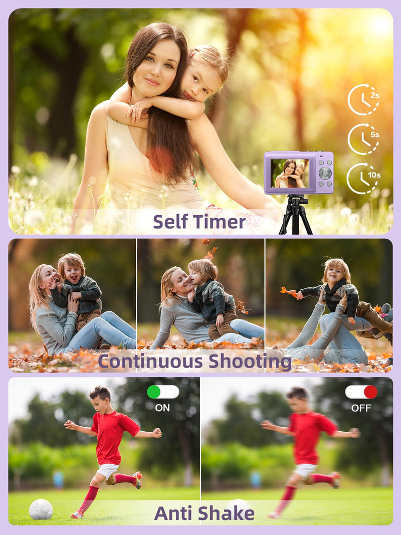 Digital Camera, FHD 1080P Kids Camera 44MP Point and Shoot Digital Cameras with 32GB Memory Card, 16X Zoom, Two Batteries, Lanyard, Compact Small Camera Gift for Kids Boys Girls Students, Purple