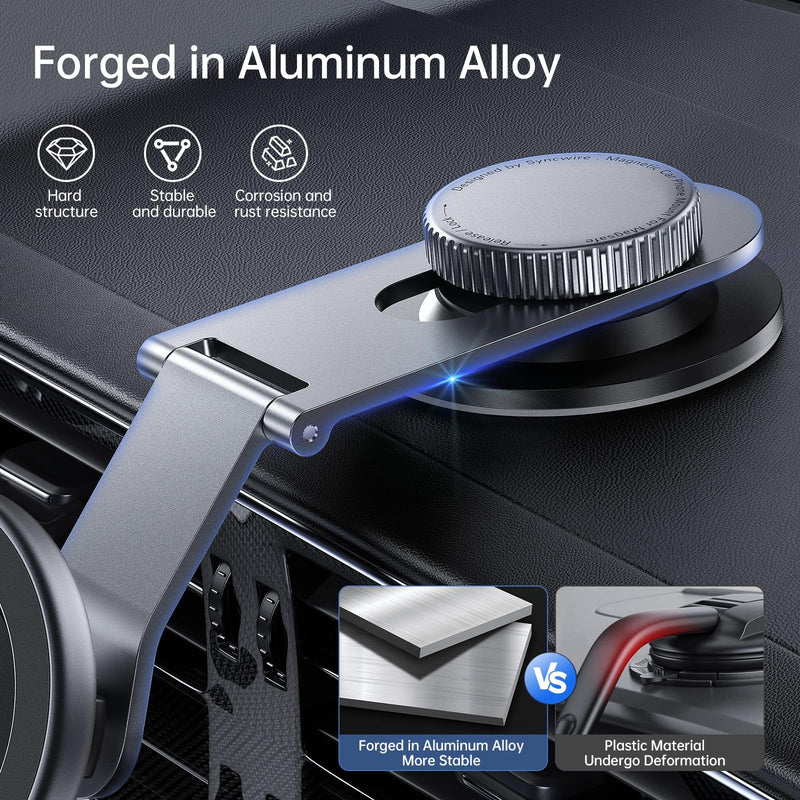 SYNCWIRE Fits MagSafe Car Mount for Universal Dashboard & Tesla Screen, Magnetic Phone Holder for Car, Foldable Aluminum Alloy Arm, Super Stable Car Mount for iPhone 15 Pro Max 14 13 12&All Phones Space Gray