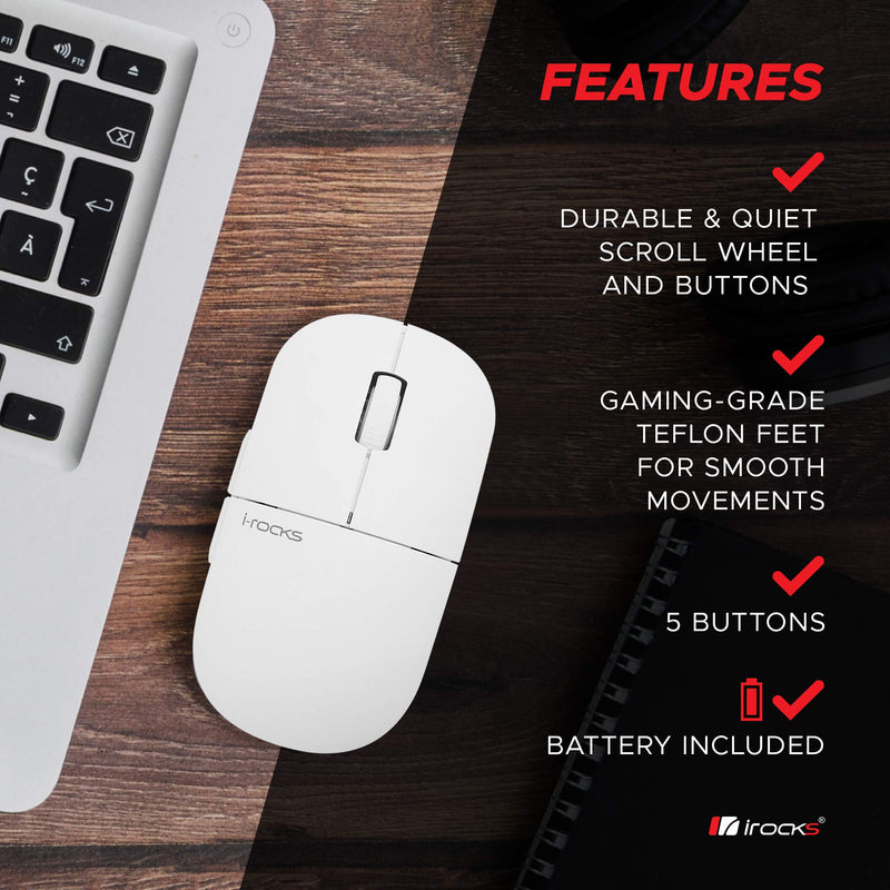 i-Rocks M23R 2.4G Wireless Silent Slim Mouse, Optical Mice with USB Nano Receiver, Adjustable DPI Levels for PC, Notebook, Computer, Laptop, Desktop, Ergonomic Design - White