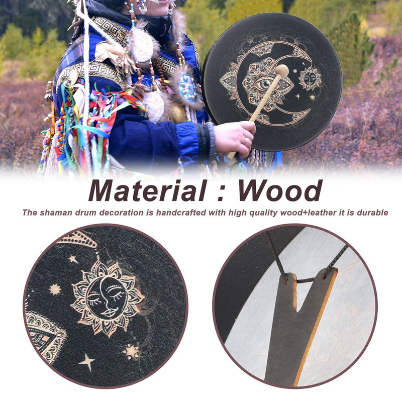 Shaman Drum 10 Inch Wood Frame Drum with Drum Stick Vegetarian Shaman Hand Drum Sound Healing Tool For Spiritual Music, Reflection(Black)